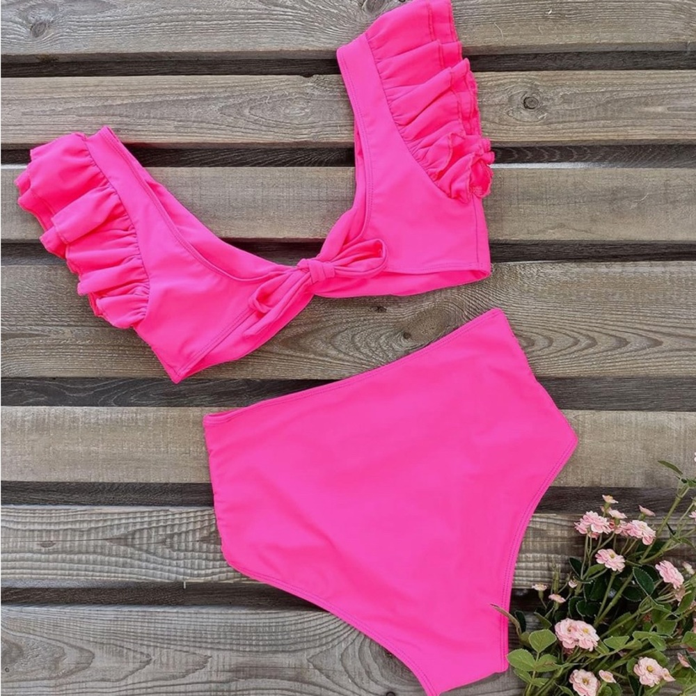 Sporlike Women’s Pink Ruffle Shoulder Tie Back Two Piece Bikini Swimsuit - XL - Picture 2 of 15